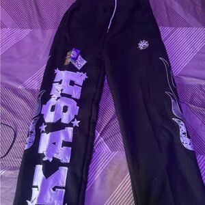 Ash Black Sweatpants with Purple Graphic Lettering